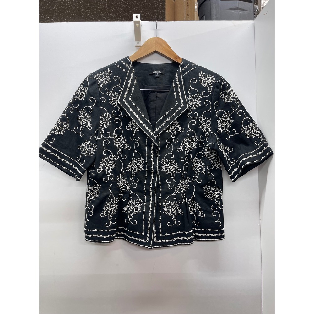 Rafaella Womens Black 100% Linen Embroidered Short Sleeve Blazer Jacket Size 10